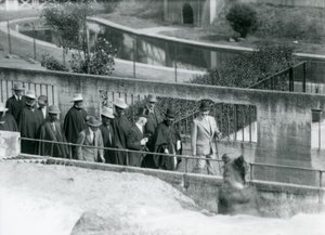 Sir Peter Chalmers Mitchell mit dem äthiopischen Regenten Haile Selassie und seinem Gefolge, betrachtet einen Braunbären auf den Mappin Terrassen, Londoner Zoo, 1924