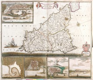 Karte des Königreichs Sizilien (Italien), mit Ansichten der Städte Messina, Milazzo, Palermo, Catania und Trapano von Frederick de Wit