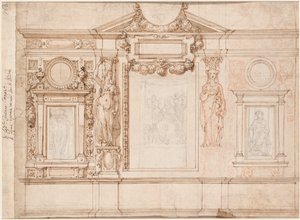 Entwurf für eine Wanddekoration mit eingeklebten Skizzen nach Raphael (verso)