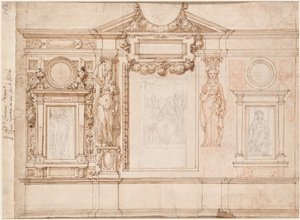 Entwurf für eine Wanddekoration mit eingeklebten Skizzen nach Raphael, ca. 1580er-90er Jahre