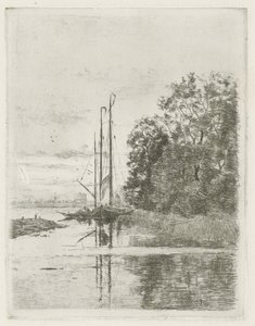 Flusslandschaft mit zwei Schiffen und einem Boot von Fredericus Jacobus van Rossum du Chattel (signed by artist)