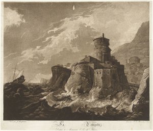 Schloss an der Felsküste und Schiffe im Sturm auf See von Frederik Christiaan Bierweiler
