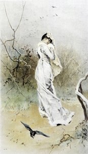 Frau im Wald - Allegorie des Frühwinters, Kalender illustriert von Hubert Dys, gemalt von F.H. Kaemmerer