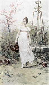 Frau kehrt von einem Brunnen zurück - Allegorie des Frühlings, Kalender illustriert von Hubert Dys, gemalt von F.H. Kaemmerer