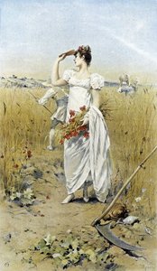 Frau mit Weizen und Mohn - Spät-Sommer Allegorie, Kalender illustriert von Hubert Dys von Frederik Hendrik Kaemmerer