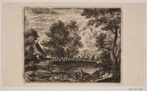 Landschaft. Im Vordergrund Ziegen und Hirten