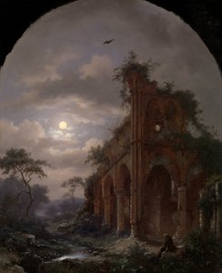 Mönch, der bei Mondlicht in der Nähe einer Ruine meditiert