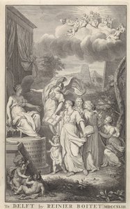 Minerva und die Künste vor einer thronenden Figur (Titelblatt für: Das große Natur- und Sittenkundliche Welttheater, Delft, R. Boitet, 1743) von Frederik Ottens