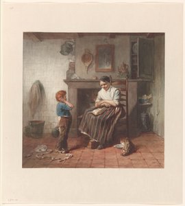 Interieur mit einem Jungen, einem Drachen und einer Frau