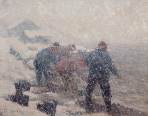 Fischer ziehen das Netz in einem Schneesturm von Fredrik Kolstoe