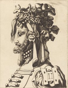 Büste eines Mannes in extravagantem Kostüm von French 16th Century after René Boyvin or Pierre Milan