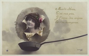 Kopf einer Frau, der über einer Pfannkuchenpfanne hervorbricht (getönte Fotokollage) von French Photographer