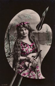 Eine junge Frau mit Bogen und Pfeil auf einer Künstlerpalette dargestellt von French Photographer