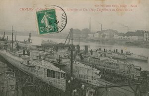 Elf Torpedoboote im Bau bei Schneider und Co in Chalon-sur-Saone in Ostfrankreich. Postkarte gesendet im Jahr 1913 von French Photographer