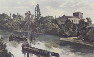 Saint-Denis-de-Piles, Kirche, Gesamtansicht an den Ufern der Isle von French Photographer
