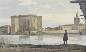 Tarascon, Schloss, Glockenturm der Kirche Sainte-Marthe und Hängebrücke über die Rhone