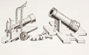 Kanonen des 15. Jahrhunderts, mit festem Lafettengestell (rechts) und rollendem Lafettengestell (links) aus Les Arts au Moyen Age, veröffentlicht 1873 von French School