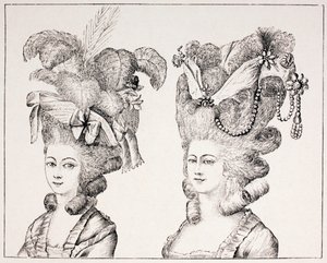 Französische Mädchen des 18. Jahrhunderts mit extravaganten Frisuren und Hüten, 1875
