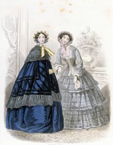 2 modische Frauen: in Outfit - im „Journal des Demoiselles“ 1852 (Gravur) von French School