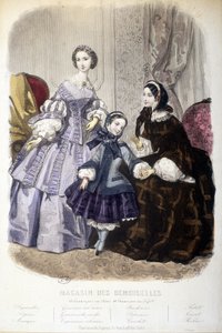 2 Frauen und ein Mädchen: Mode - im „Magasin des damoiselles“, ca. 1850