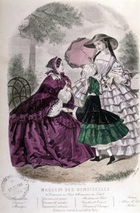 2 Frauen und ein Mädchen: Mode - in „Magazine des damoiselles“. 1858 von French School