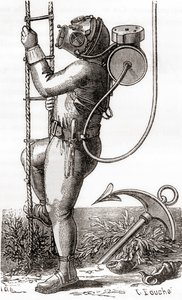 Ein Tiefseetaucher des 19. Jahrhunderts mit einem gummibeschichteten Tauchanzug mit Helm und Tankregler, aus 