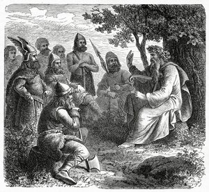 Ein Barde rezitiert vor Nordmännern, ca. 1882 (Holzstich)