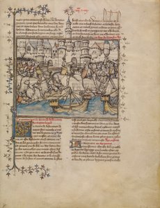 Eine Schlacht aus dem Trojanischen Krieg, ca. 1390-1400 (Tempera, Waschungen und Goldblatt auf Pergament) von French School