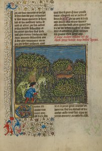Ein getarnter Reiter und ein Bogenschütze nähern sich einem Hirsch, um 1430-40