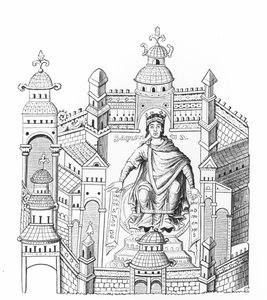 Ein karolingischer König in seinem Palast, personifiziert Weisheit, die an die gesamte Menschheit appelliert, nach einer Miniatur in einem Manuskript, kopiert von Graf Horace de Viel-Castel (1798-1864) von French School