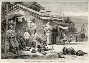 Ein chinesisches Fischerdorf in der Nähe von Monterey, Kalifornien, bezeugt die bedeutende chinesische Gemeinschaft an der Pazifikküste der Vereinigten Staaten. Gravur nach einer Zeichnung von D. Maillard, zur Illustration der Geschichte La conquête blanch