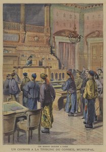 Eine chinesische Mission in Paris: Einer der chinesischen Delegierten am Rednerpult des Stadtrats (Farblithografie) von French School