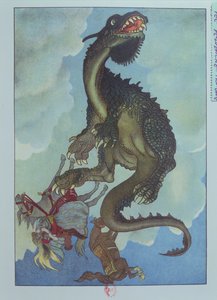 Ein Drache fällt vom Himmel, Illustration aus dem ungarischen Märchen 