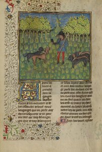 Ein Jäger, der Hunde trainiert, auf das Hornsignal zu reagieren, ca. 1430-40
