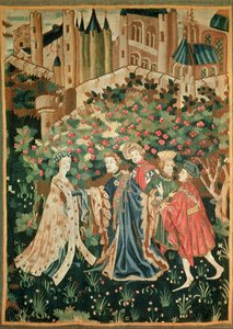 Ein Edelmann begrüßt eine Dame mit seinen Dienern, Arras von French School