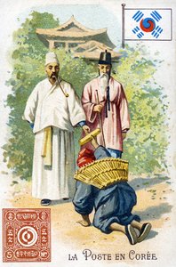Ein Postbote in Korea, der einen Brief zustellt, späte 19. Jahrhundert