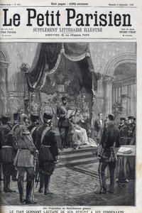 Ein Vorschlag zur allgemeinen Abrüstung (an die europäischen Mächte gerichtet) - Zar Nikolaus II. (1868-1918) liest seinen Erlass seinen Beratern vor. Le Petit Parisien von French School