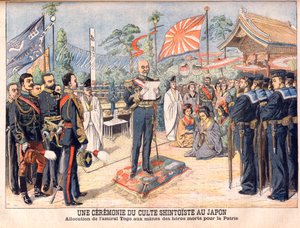 Eine Shinto-Zeremonie in Japan. Admiral Togo spricht zu den Geistern der im Russisch-Japanischen Krieg gefallenen japanischen Helden. Eine Zeremonie des Shinto-Kults in Japan. Ansprache von Admiral Togo. von French School