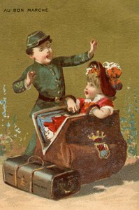 Eine Überraschung im Gepäck, aus einer Serie von Illustrationen von Kindern, produziert als Werbekarten für das Bon Marché Kaufhaus in Paris, ca. 1890
