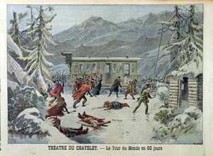 Ein Zug von amerikanischen Indianern angegriffen, aus In 80 Tagen um die Welt von Jules Verne, aus Le Petit Journal, 13. Mai 1898 von French School