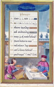 Ein viktorianisches Kalenderblatt für Februar mit einer Illustration aus dem Stundenbuch der Anne de Bretagne (1488-1514) von French School