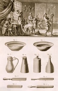 Ein Friseursalon und Friseurwerkzeuge, aus der Encyclopedie des Sciences et Metiers von Denis Diderot (1713-84) veröffentlicht ca. 1770