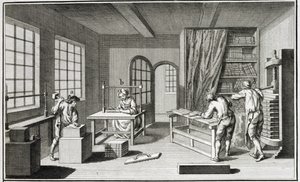 Eine Buchbinderwerkstatt, aus der Encyclopedie des Sciences et Metiers von Denis Diderot (1713-84) veröffentlicht ca. 1770 von French School