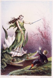 Ein Junge vor einer Frau auf einem von zwei Krokodilen gezogenen Wagen - in "Reise zum Meeresgrund" von H. de la Blanchère. Paris, ed. Jouvet et Cie, sd. 1880