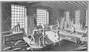 Eine Schreinerei, aus der Encyclopedie des Sciences et Metiers von Denis Diderot (1713-84) veröffentlicht ca. 1770