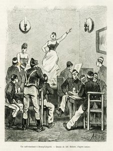 Ein Café singend in Bourg Leopold. Gravur von A.Hubert zur Illustration der Geschichte La Belgique, von Camille Lemonnier, in le tour du monde 1886, herausgegeben von Edouard Charton (1807-1890), Hachette, Paris
