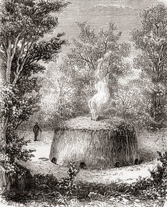 Ein Holzkohlemeiler im Wald, nach einer Zeichnung aus dem 19. Jahrhundert, aus Les Merveilles de la Science, veröffentlicht um 1870 (Gravur) von French School