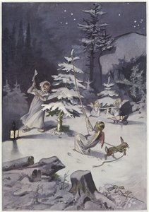 Ein Cherub schwingt eine Axt, während er einen Weihnachtsbaum fällt von French School
