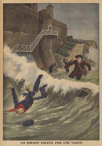 Ein Kind von einer Welle mitgerissen (Farblithografie) von French School