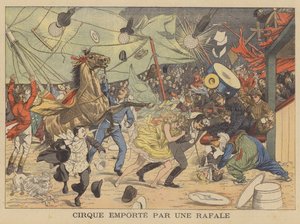 Ein Zirkuszelt wird von einem Windstoß davongetragen von French School